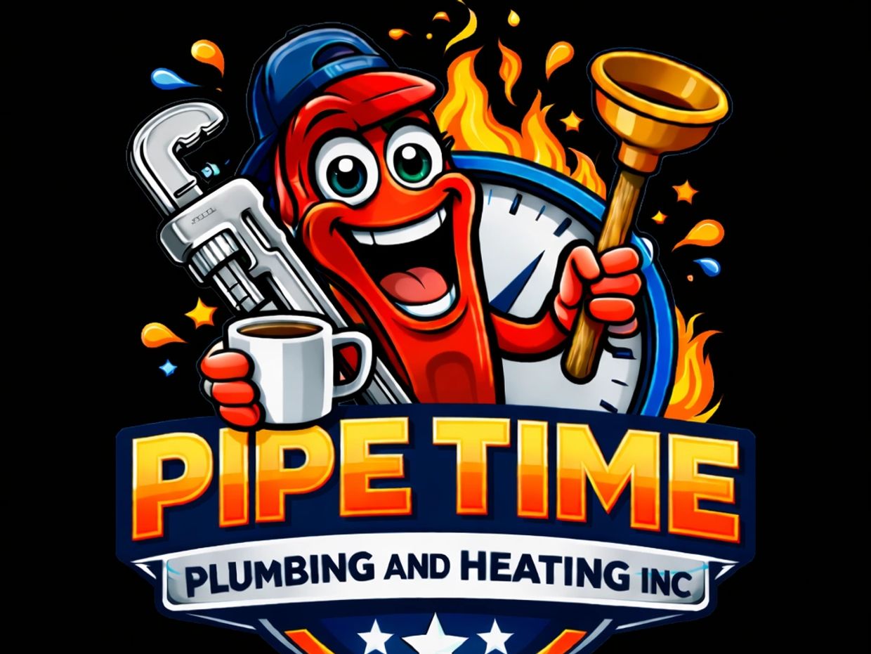 Cartoon pipe mascot holding a wrench, coffee cup, and plunger behind "Pipe Time Plumbing and Heating Inc" logo.