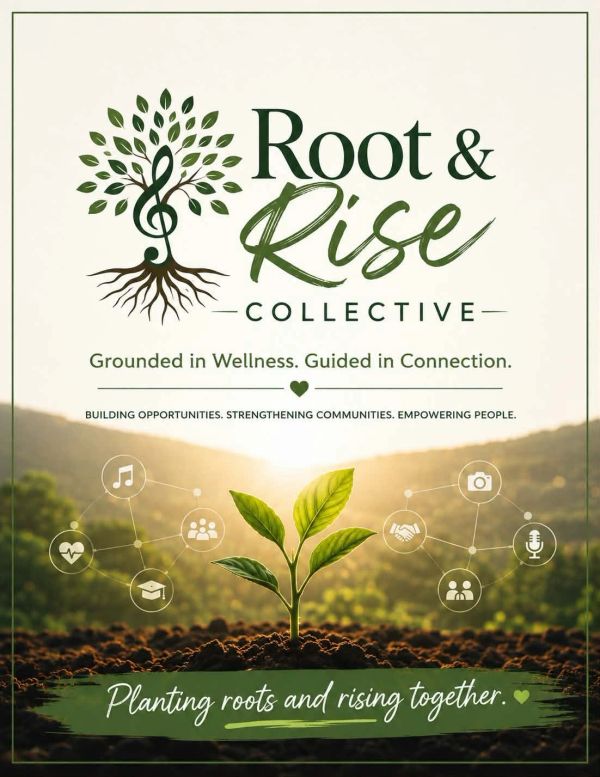 Root &amp; Rise Collective logo with a sprouting plant and motto about wellness and community.