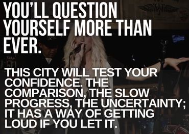 Inspirational quote about self-doubt and confidence in a city setting.