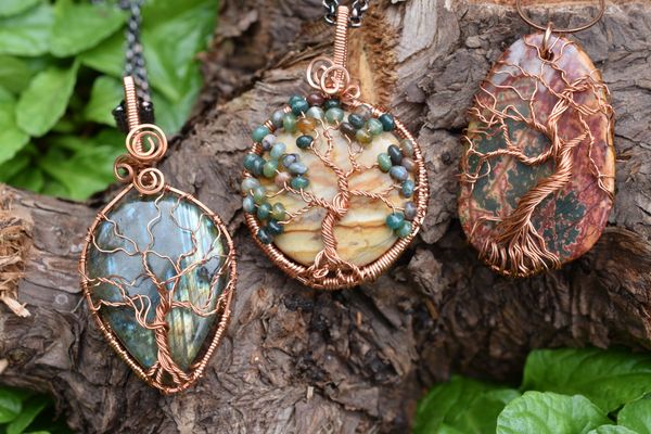 Handmade Tree of Life copper wire pendants with semi-precious stones. 