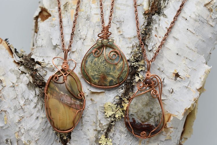 Handmade acid etched copper necklace with prehnite gemstone