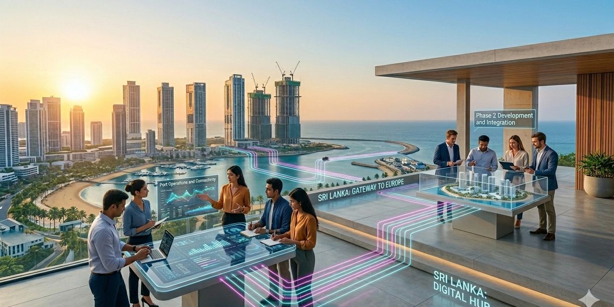 Business teams collaborate using futuristic digital interfaces overlooking a coastal cityscape at sunset.