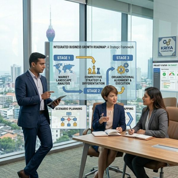Business professionals discussing a strategic growth roadmap in a modern office.