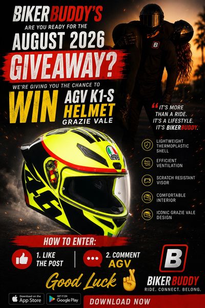BikerBuddy's August 2026 giveaway to win AGV K1-S helmet.