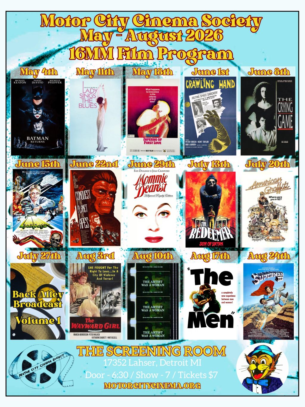 Motor City Cinema Society's 16MM film schedule from May to August 2026 at The Screening Room, Detroit.
