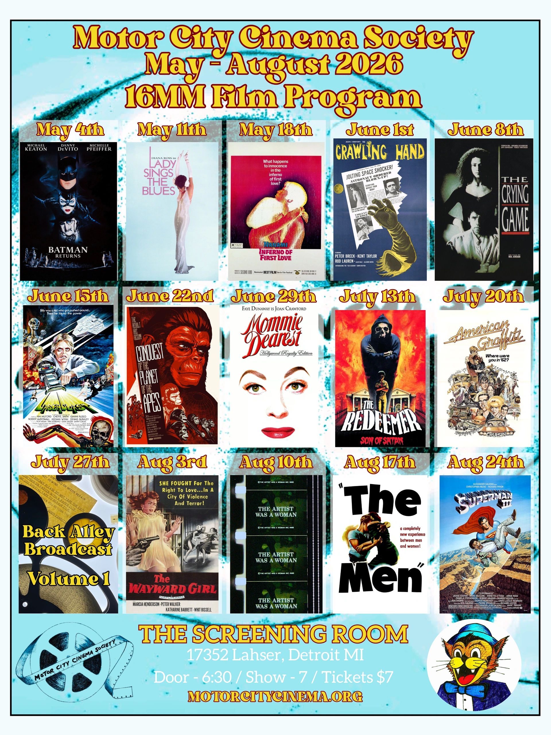 Motor City Cinema Society 16MM Film Program from May to August 2026 with classic movie posters and screening details.