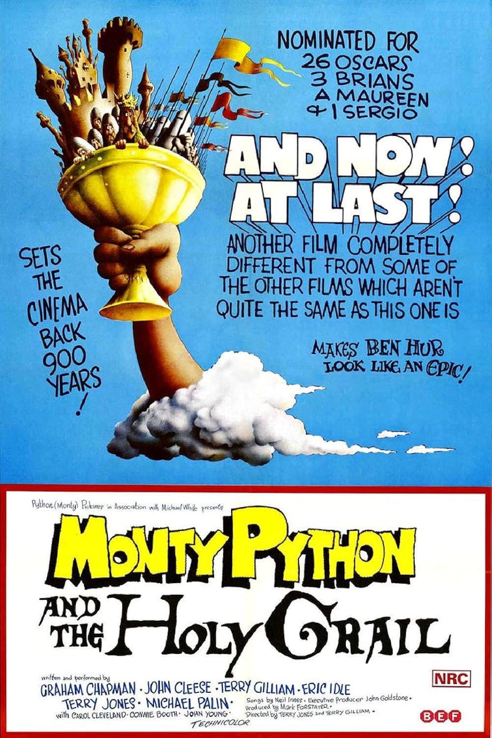Monty Python and the Holy Grail movie poster with humorous text and artwork.