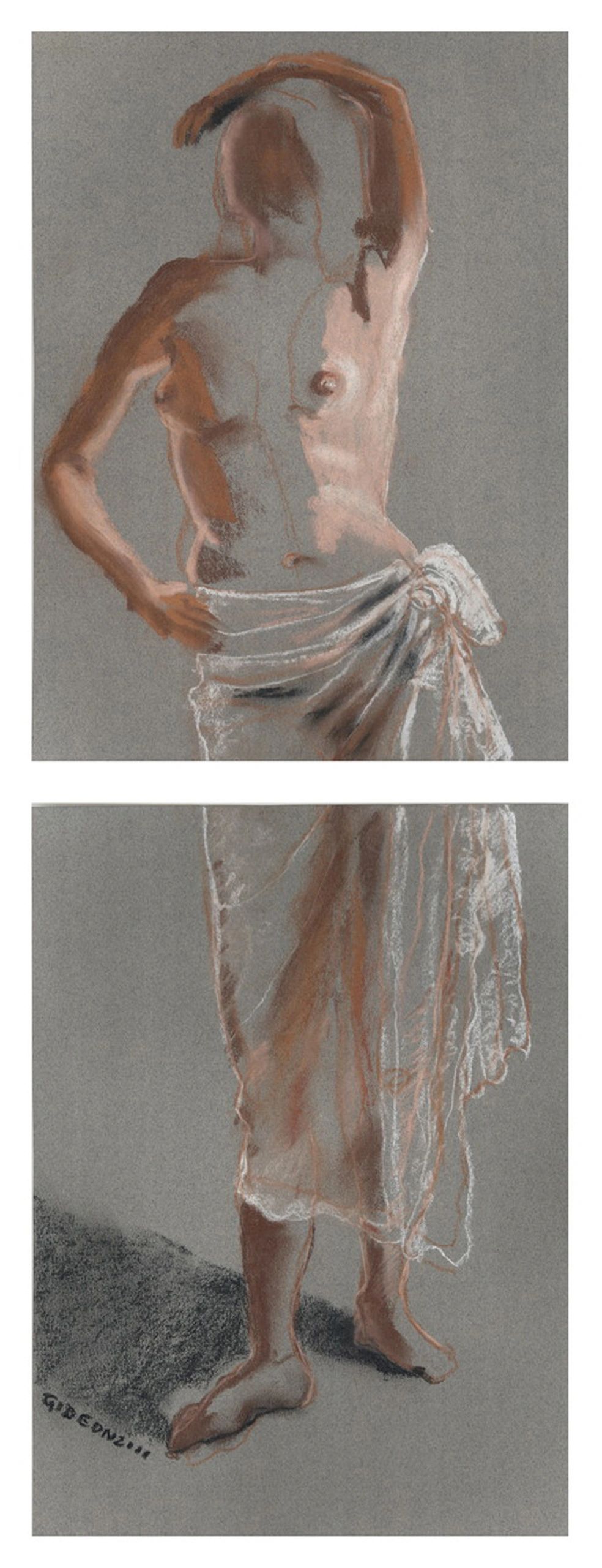 Standing Figure (Diptych) — 25×9, Charcoal on Paper by Gideon Artist