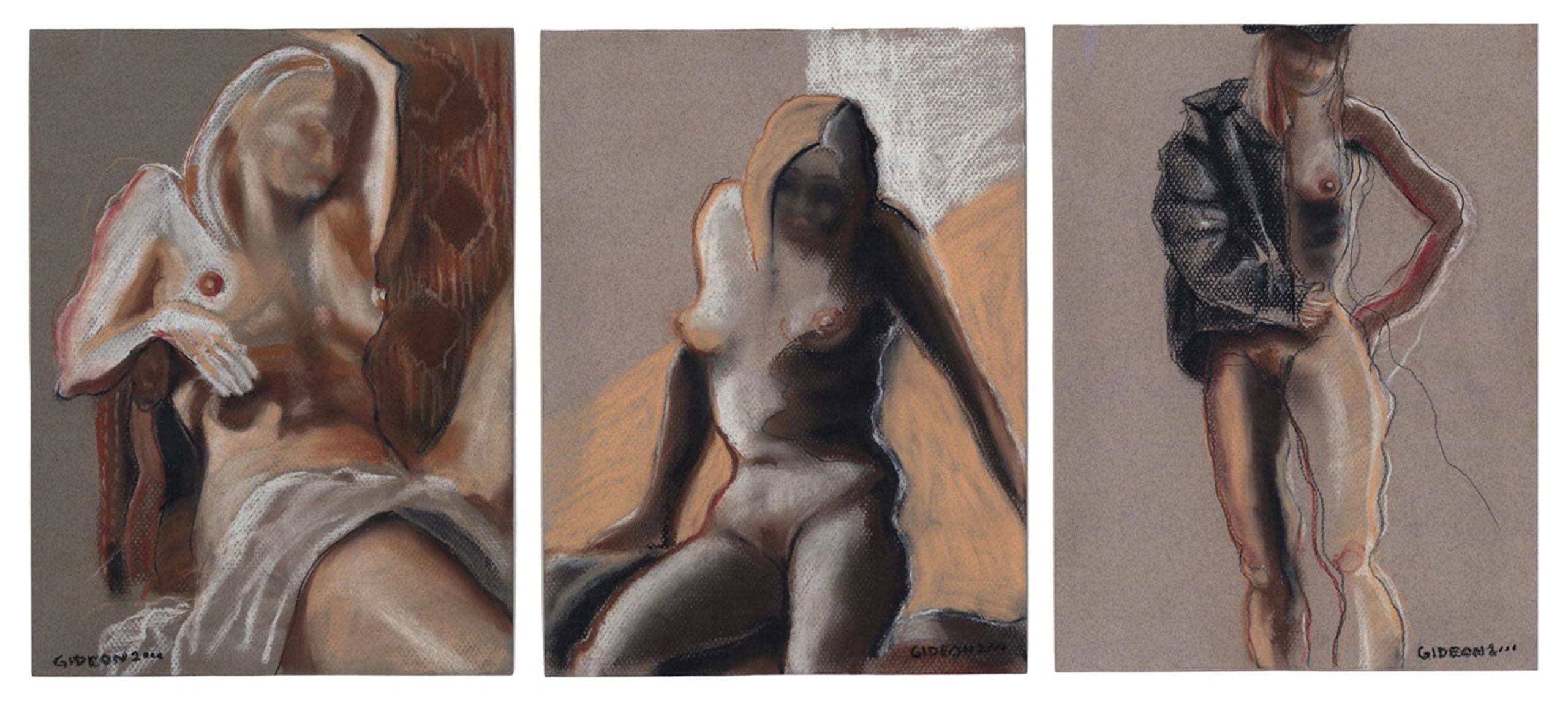 Three Figures (Triptych) — 12×28, Charcoal on Paper by Gideon Artist