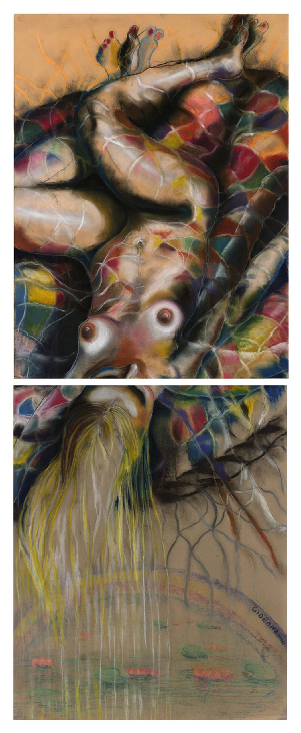 Fusion II (Diptych) — 46×18, Charcoal & Pastel on Paper by Gideon Artist