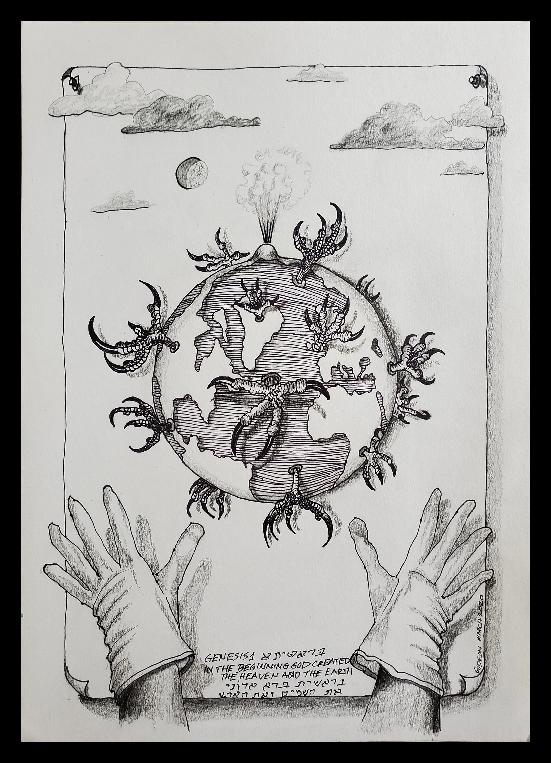 Corona World — Re-Genesis — 17×12, Pen & Mixed Media by Gideon Artist