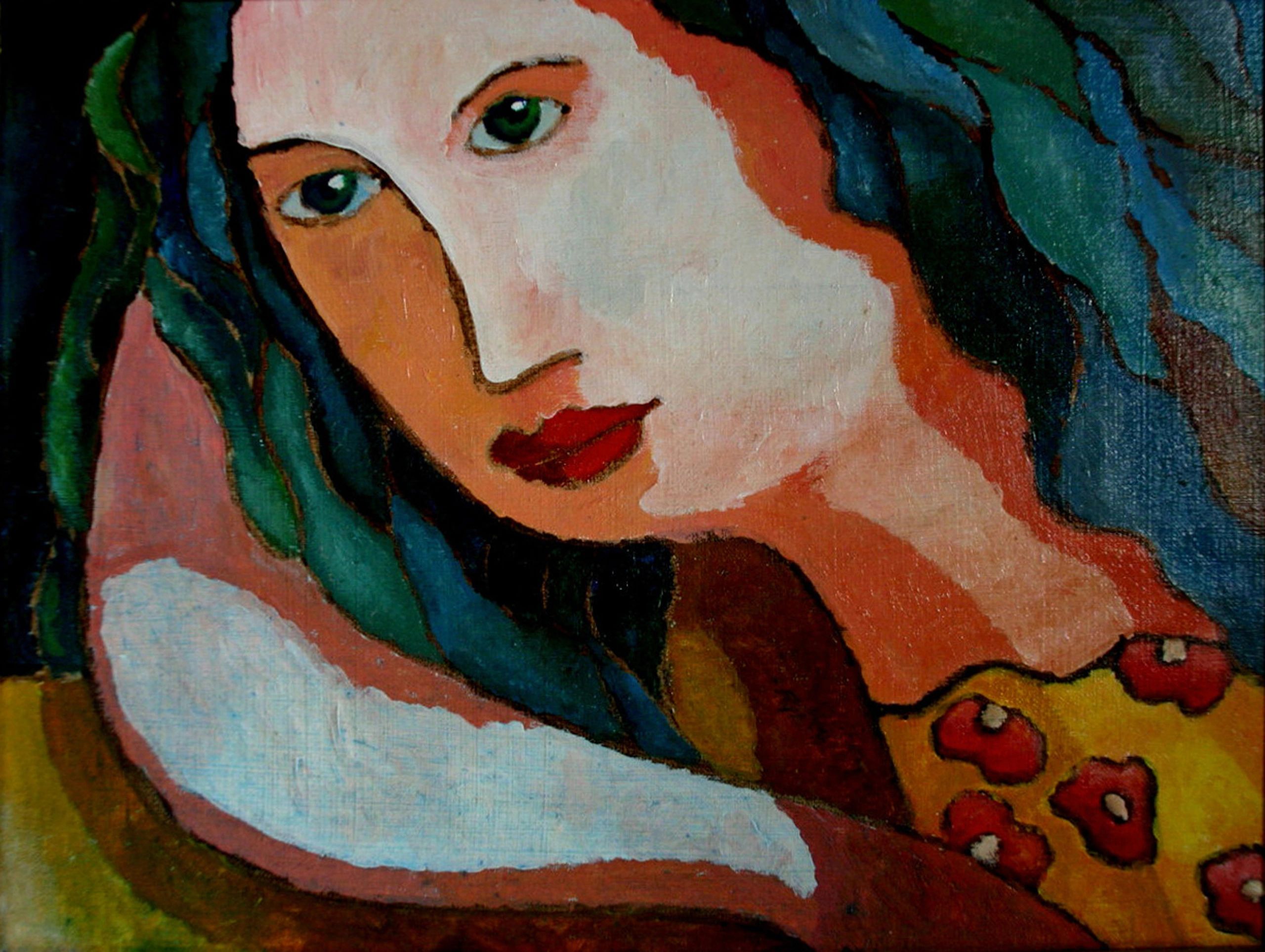 Woman in Orange and Blue — 12×16, Acrylic on Canvas by Gideon Artist