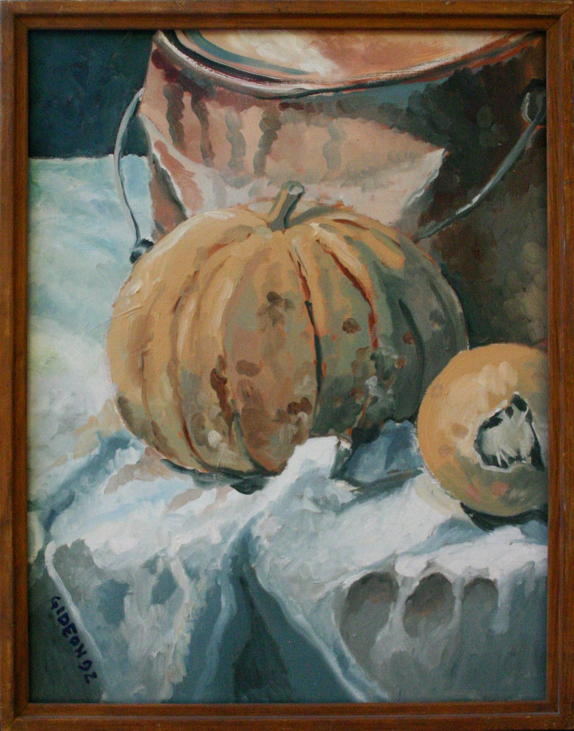 Still Life with Gourds and Paint Can — 28×, Oil on Canvas by Gideon Artist