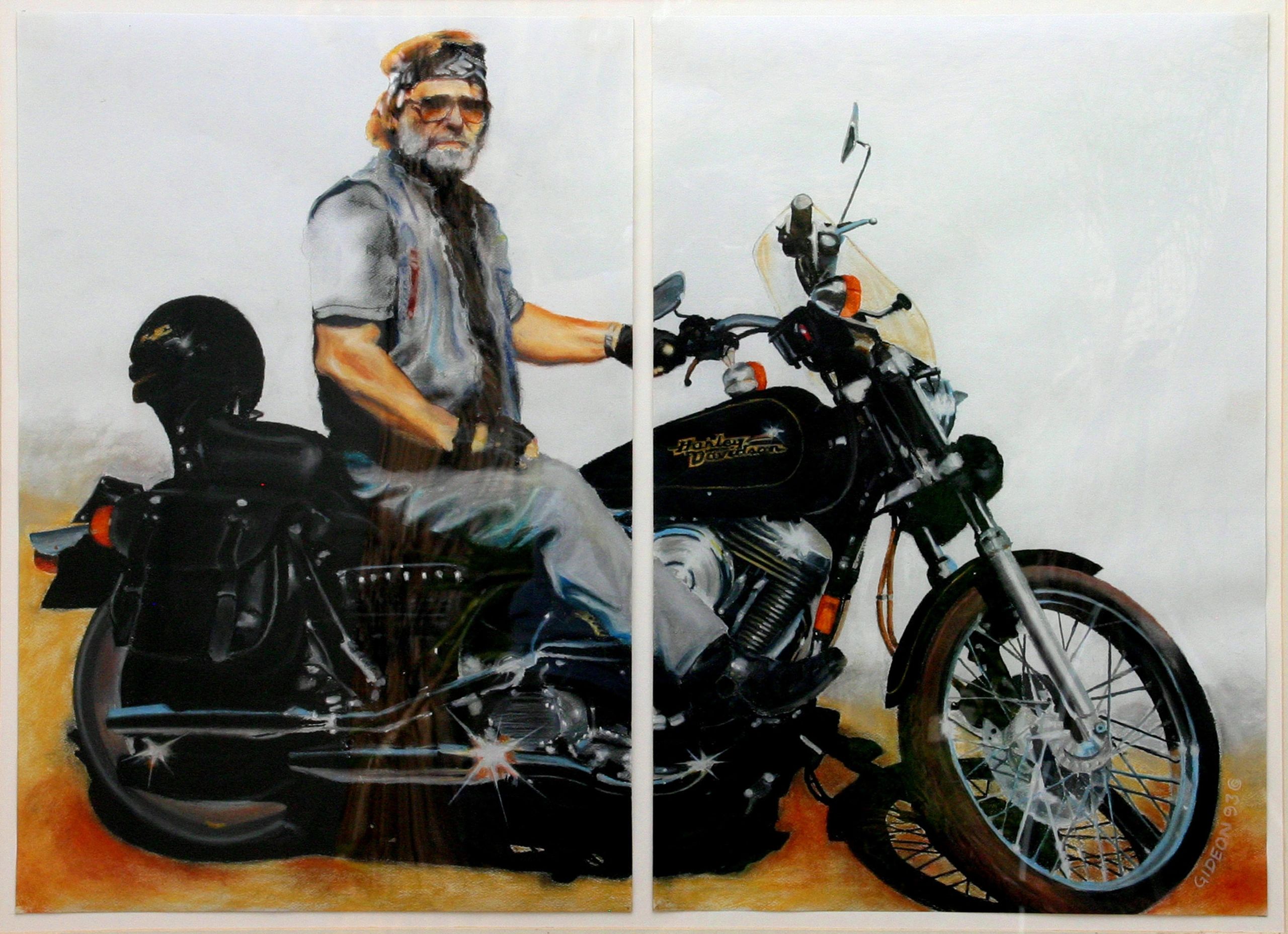 Harley Dude (Diptych) — 32.25×40, Pastel on Paper by Gideon Artist