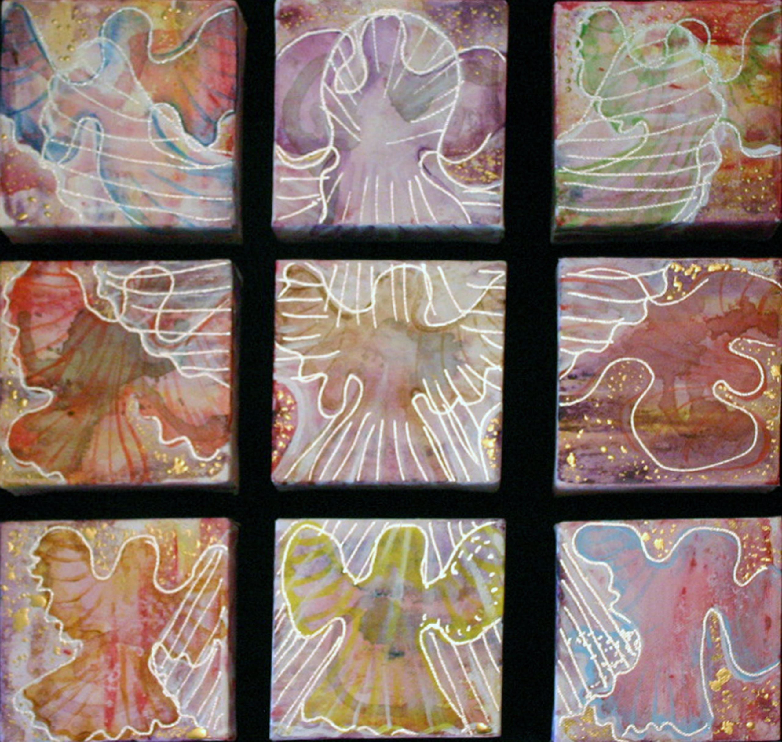 Ghostly Angels A — 14×14, Acrylic & Pen on Canvas by Gideon Artist
