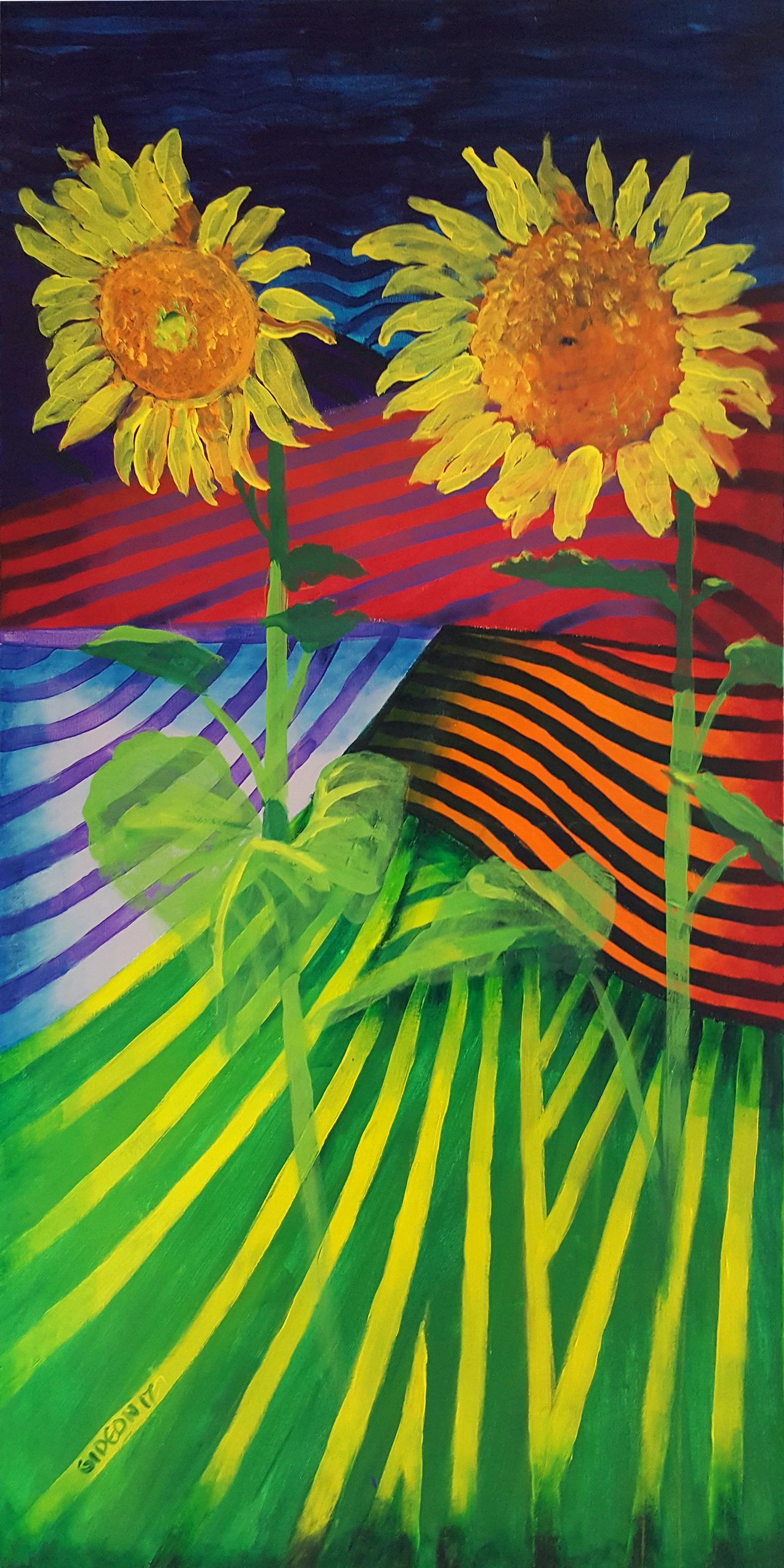 Two Sunflowers — 48×24, Acrylic on Canvas by Gideon Artist