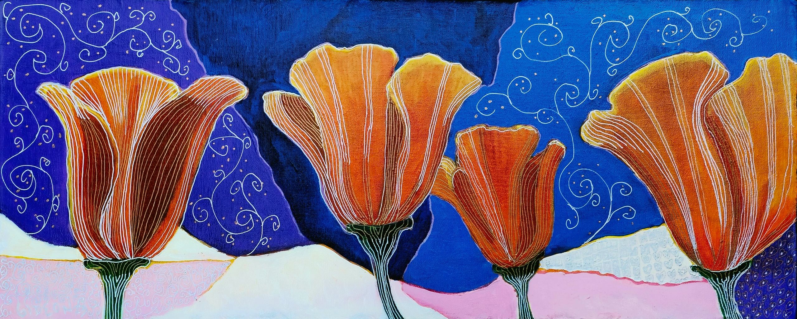 Popping Poppies — 12×30, Oil on Canvas by Gideon Artist