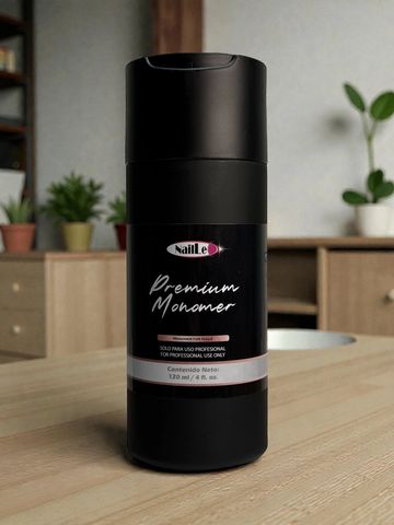 Black bottle of NailLe Premium Monomer on a wooden table.
