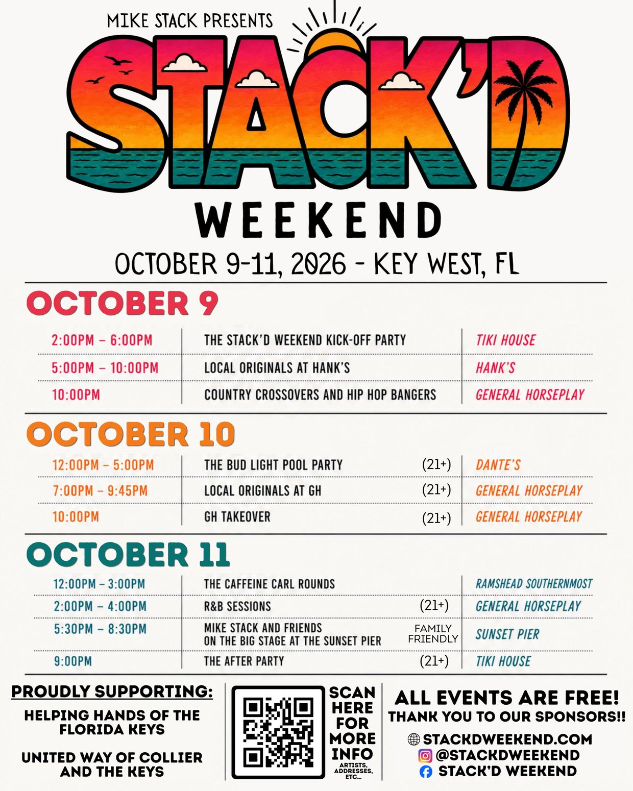 Schedule for Stack'd Weekend, Oct 9-11, 2026 in Key West, FL.