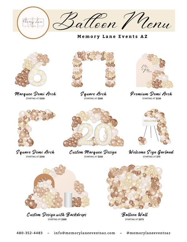Elegant balloon decor options with prices from Memory Lane Events AZ.
