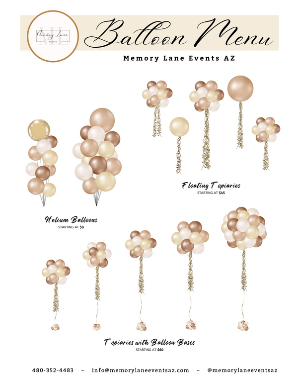 Elegant balloon menu with helium balloons and topiaries in neutral tones.