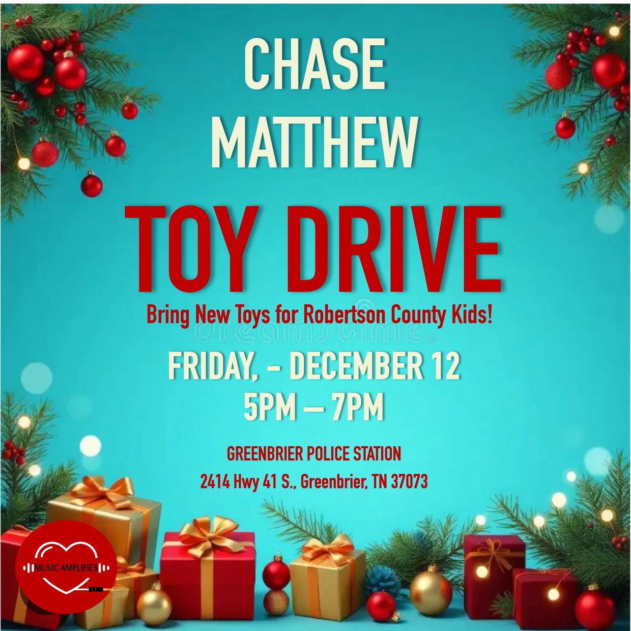 Chase Matthew Toy Drive event for kids in Robertson County on December 12, 5-7 PM at Greenbrier Police Station.