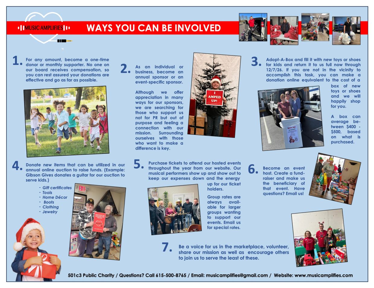 Infographic showing ways to get involved with Music Amplifies charity.