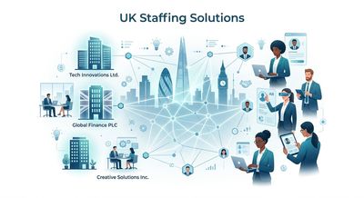 Illustration of UK staffing solutions connecting companies with professionals digitally.