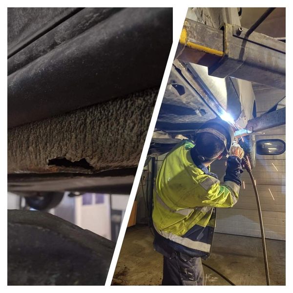 Rikkinäinen helmapelti ja Juha Silokivi hitsaamassa helmapeltiä kuntoon katastusta varten.