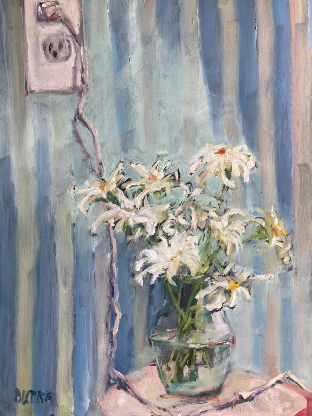 oil painting of a vase of daisies with an electrical cord plugged into the wall by artist Brenda J. 