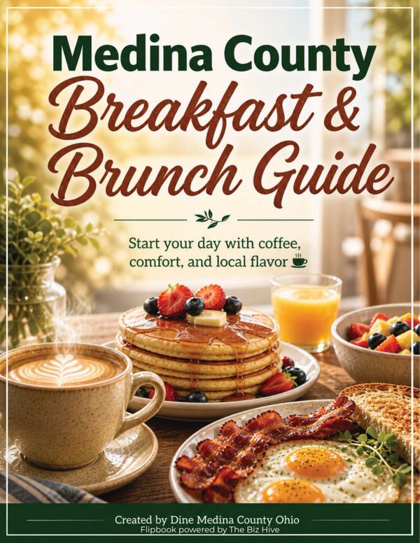 Medina County Breakfast &amp; Brunch Guide featuring coffee, pancakes, eggs, bacon, and fresh fruit.