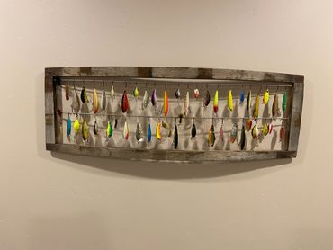 whiskey barrel fishing lure display case wall hangining