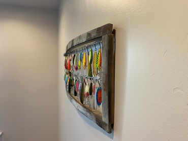 whiskey barrel staves fishing lure display cases wall hanging