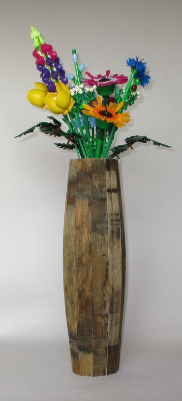 whiskey barrel wood vase for flowers, weddings, and home decor.  Made from staves