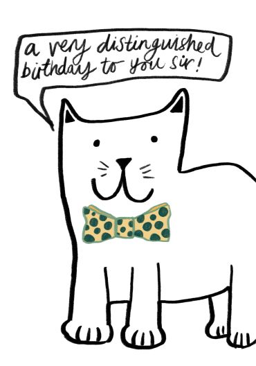 Cat with a bow tie saying happy birthday.