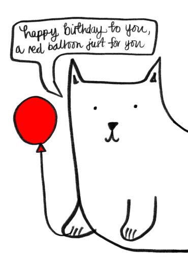 Cat holding a red balloon with a birthday message.