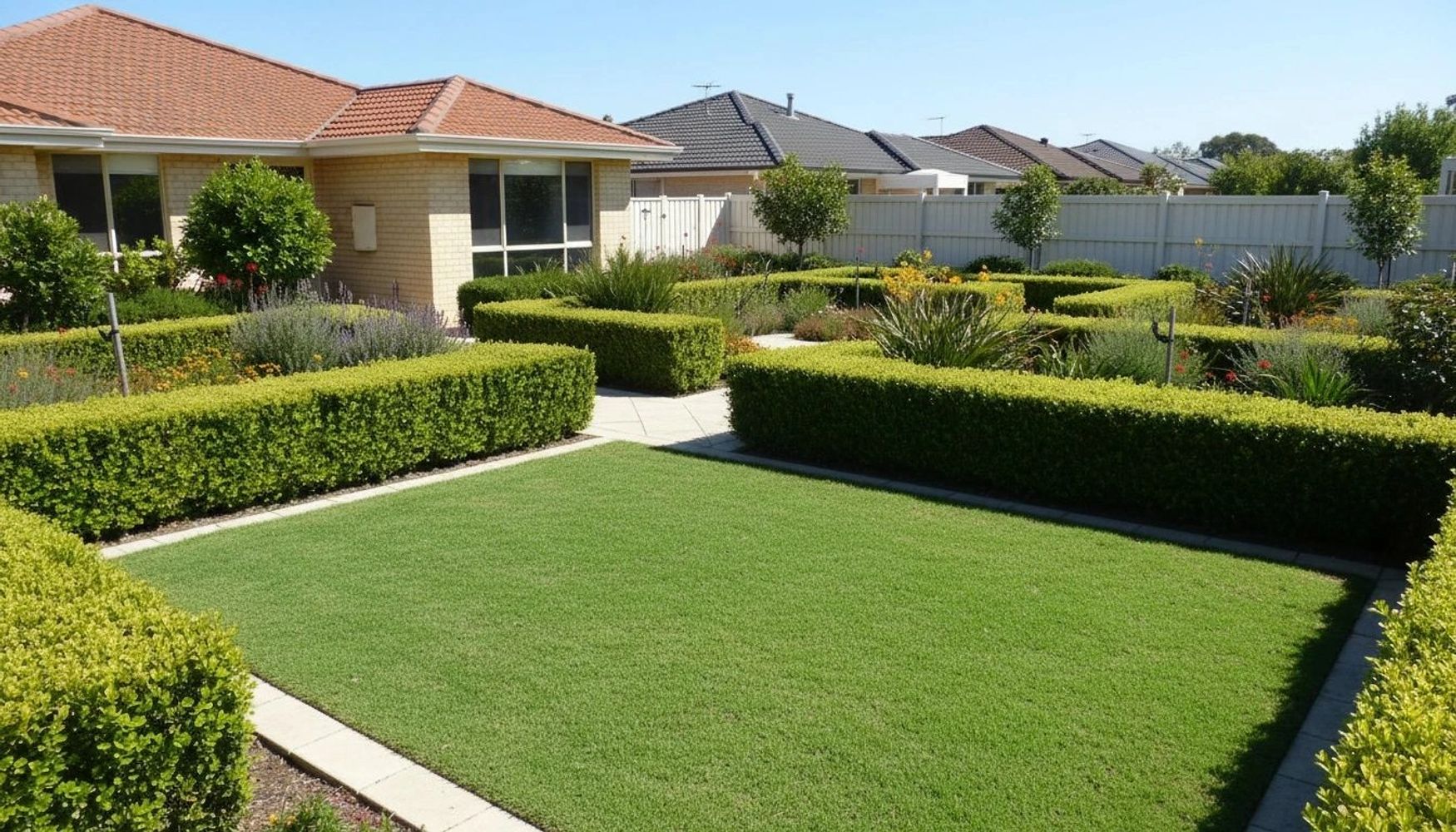 Neat manicured hedges and lawn — professional garden 
care in Northern Perth