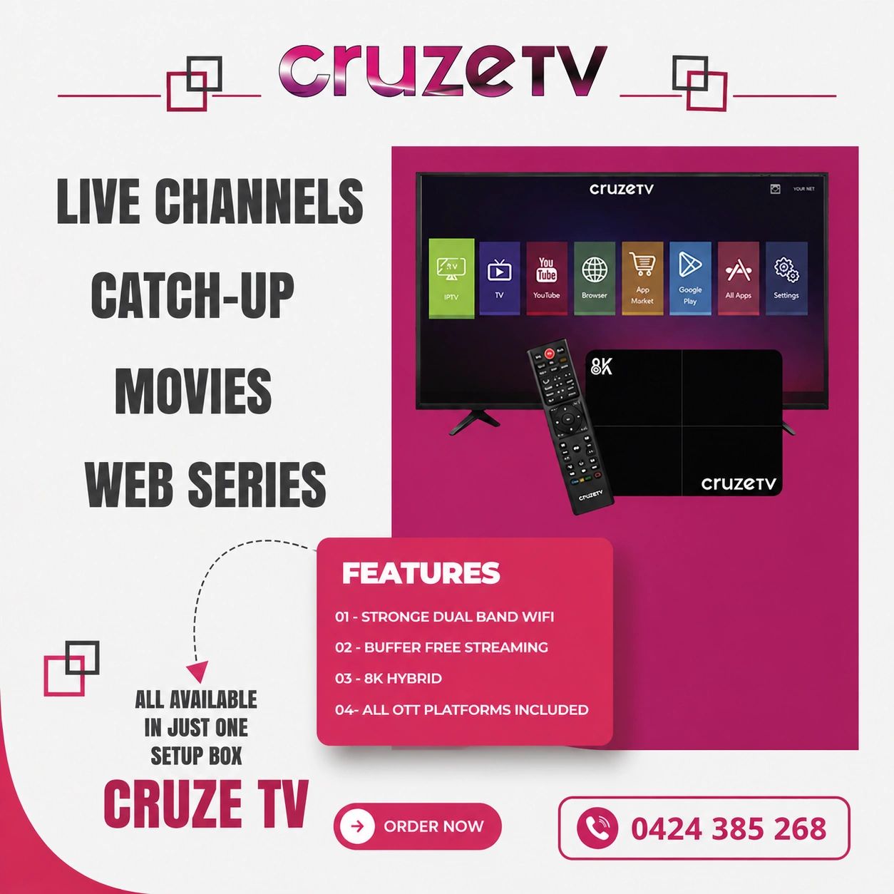 Cruze TV box offers strong dual-band WiFi and 8K hybrid viewing expereince.