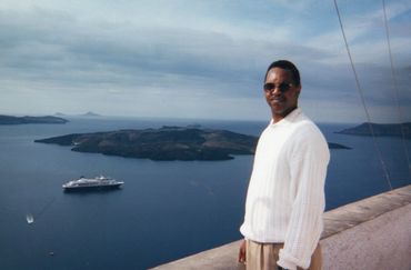 Elder Randall Ogans Sr. In Santorini overlooking from on high the beautiful majestic  Mediterranean 