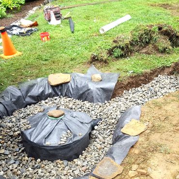 Dry well is then wrapped in filter fabric and backfilled with additional stone
