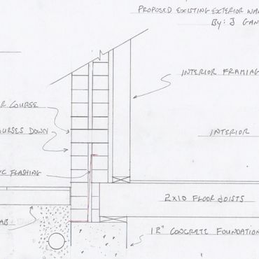 A cross section of the existing structure with the proposed repairs, flashing system etc
