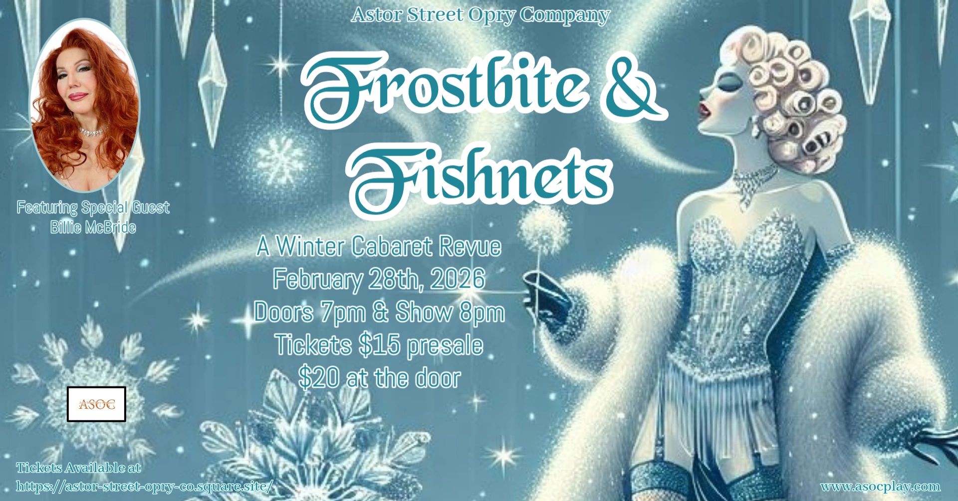 Vintage-style poster for Frostbite &amp; Fishnets winter cabaret show, featuring special guest Billie McBride.