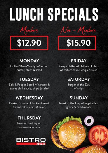 Lunch specials menu with daily dishes for members and non-members at Bistro 458.