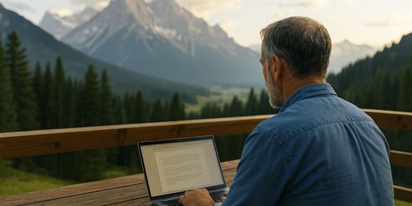 Man working on a laptop outdoors with mountain views.