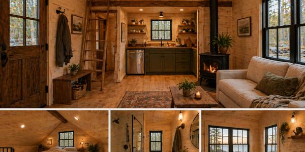 Cozy rustic cabin interior with wooden walls and warm lighting.