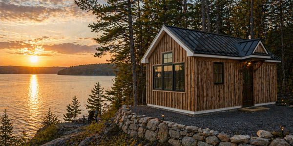 A cozy wooden cabin by the lake at sunset surrounded by trees.