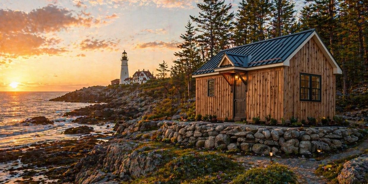 A wooden cabin by the rocky coast at sunset with a lighthouse in the background.