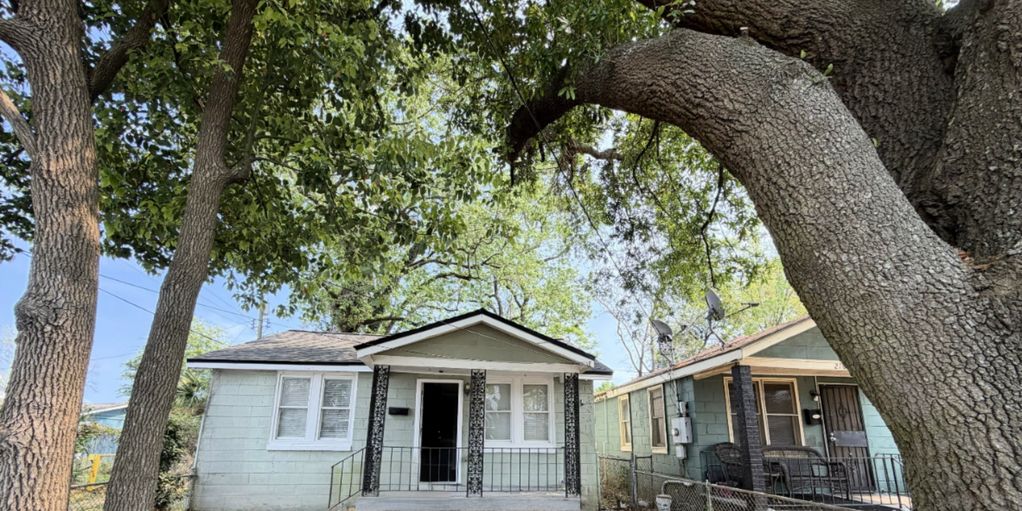 Two small houses with large trees in the front yard under a clear sky.