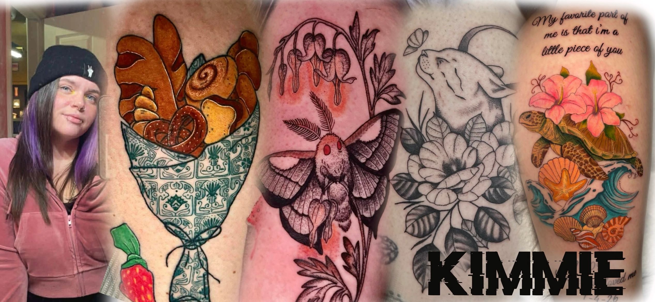 Collage of unique tattoos and a woman with purple hair.