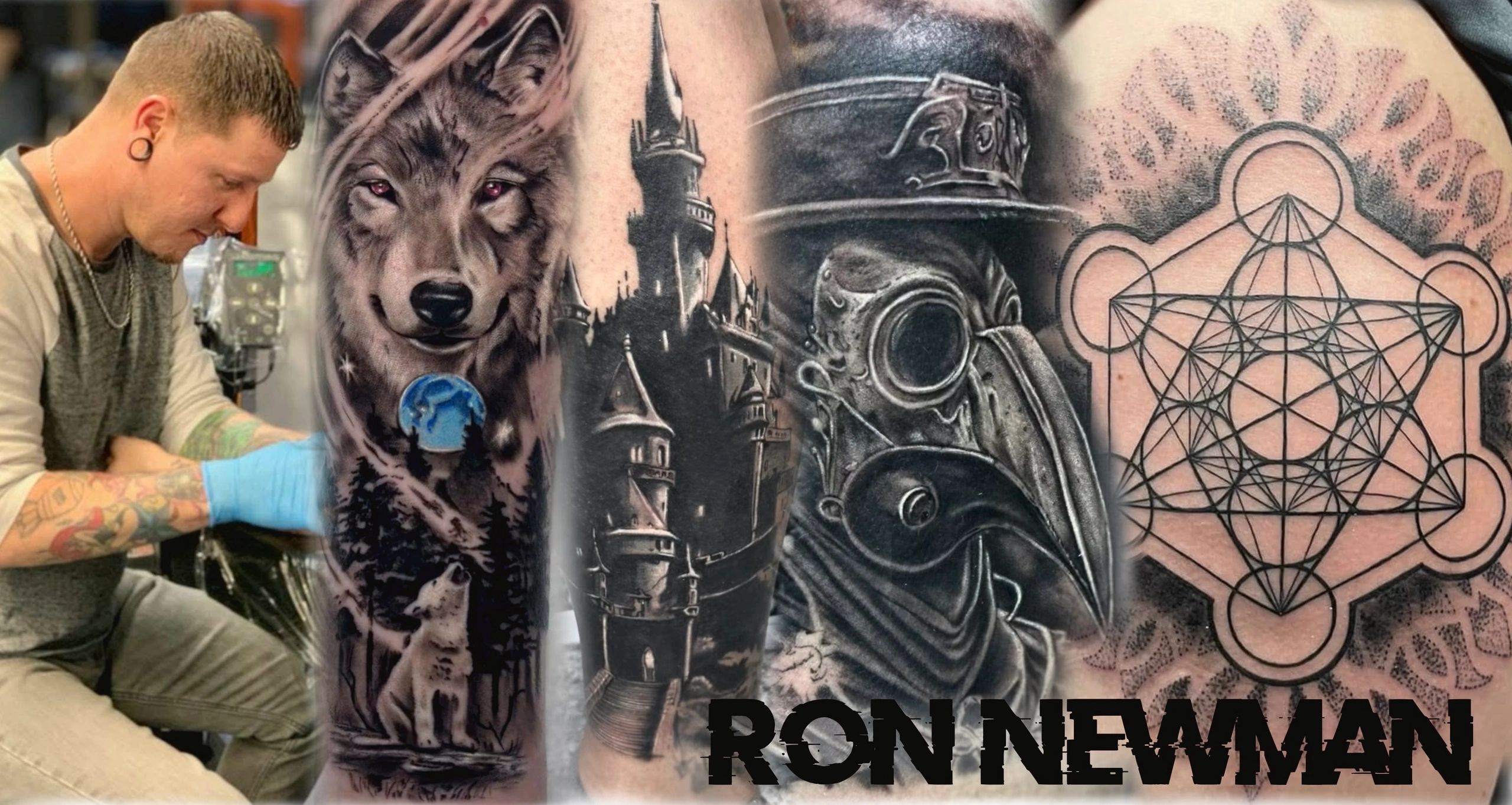 Tattoo artist Ron Newman with detailed tattoo designs.